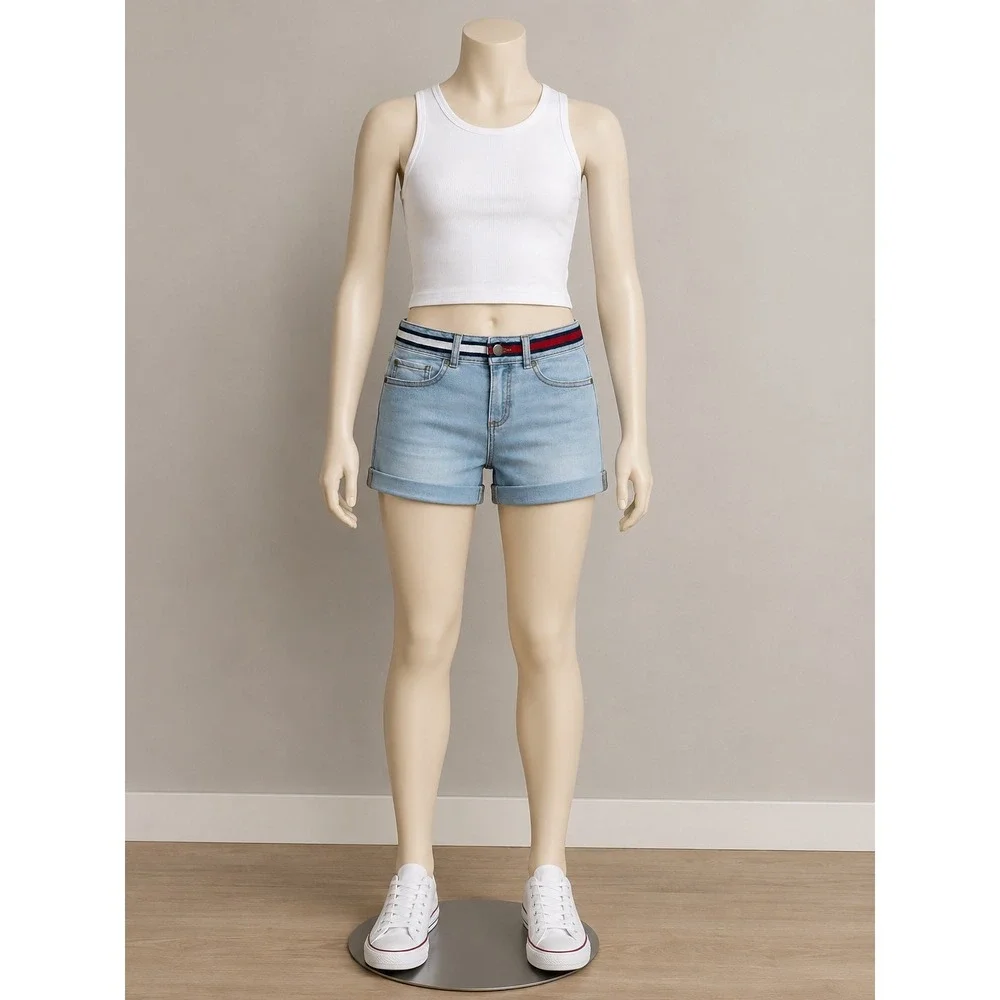 Tommy Hilfiger Girls Light Wash Denim Shorts Striped‎ Waistband 10